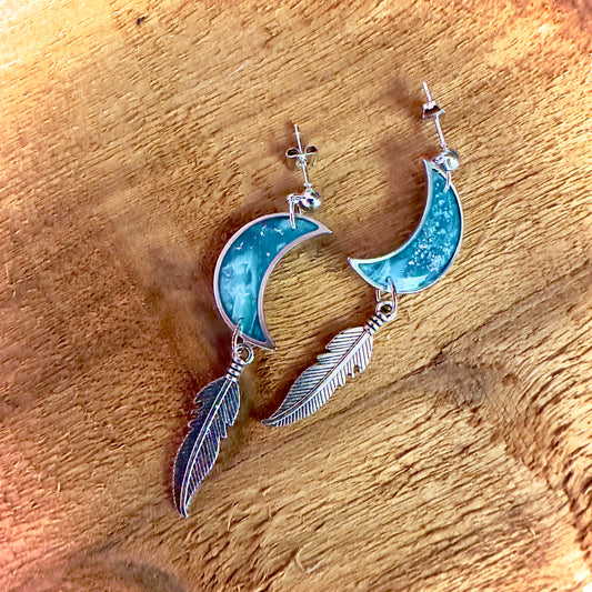Faux Turquoise Moons with Silver Feathers | Drop Earrings | Silver Hardware