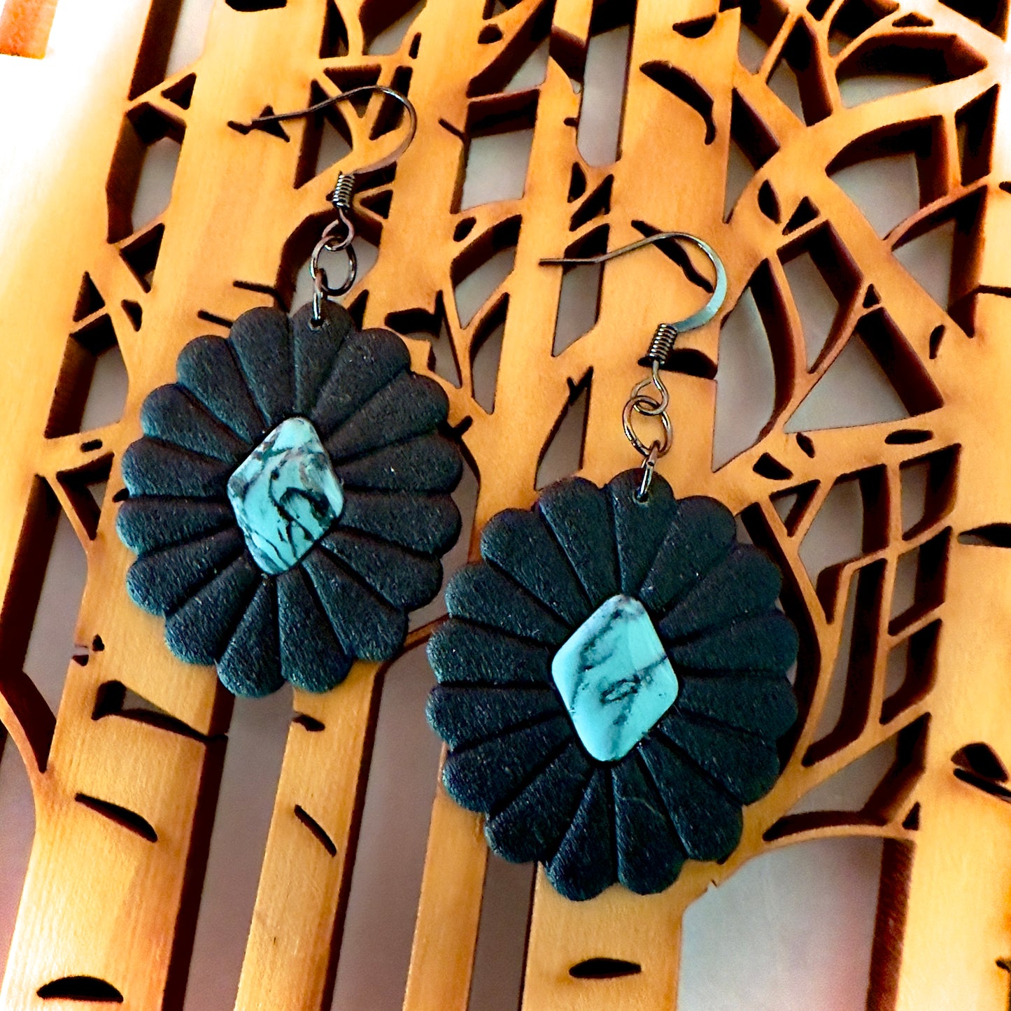 Black and Faux Turquoise Full or Half Circle | Drop Earrings | Black Hardware