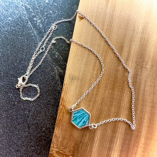 Faux Turquoise Hexagon | Necklace | Silver Hardware