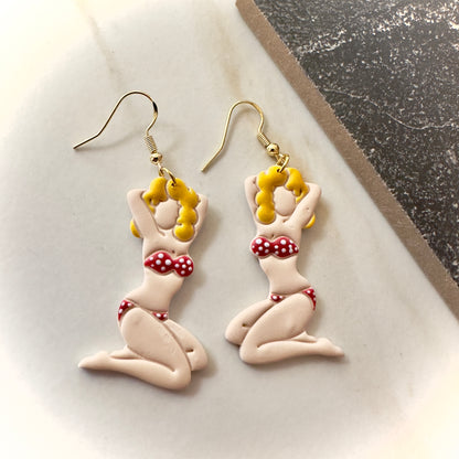 Pinup Ladies Polkadot Swimsuit - Multiple Colors! | Drop Earrings | Silver or Gold Hardware
