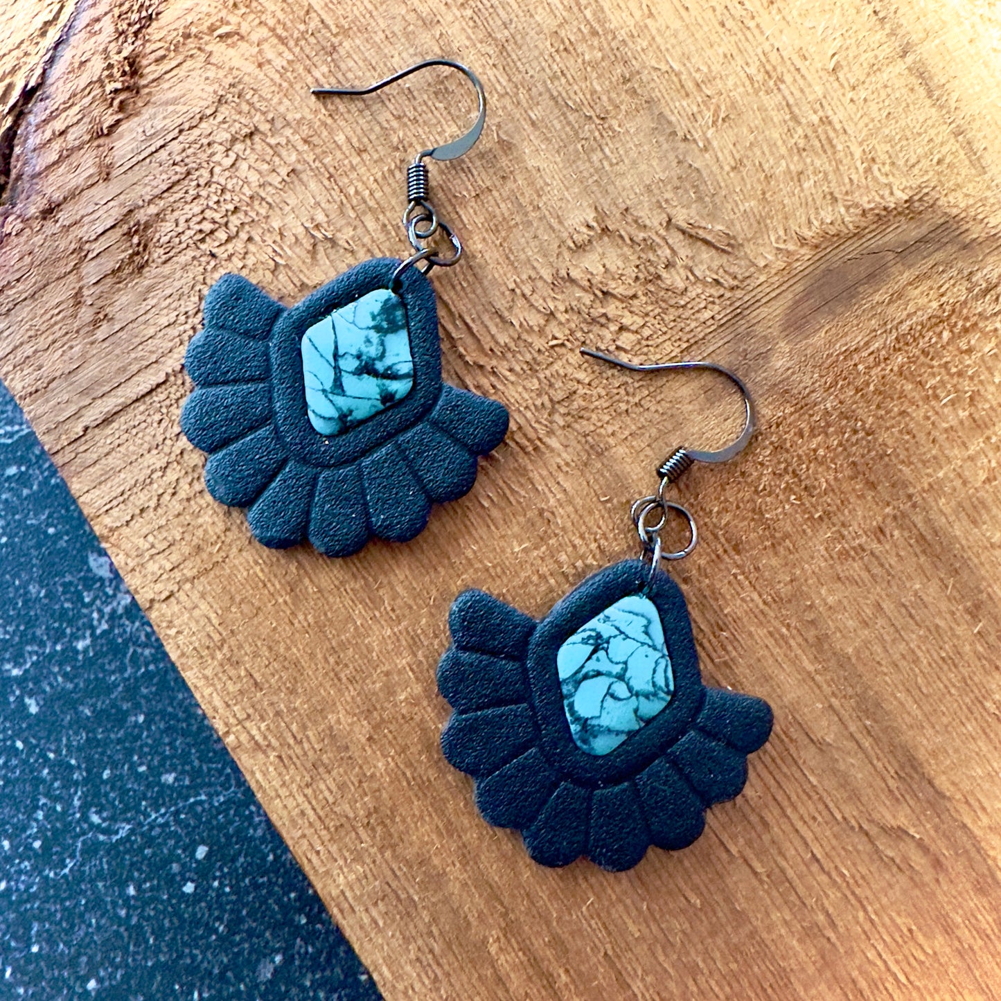Black and Faux Turquoise Full or Half Circle | Drop Earrings | Black Hardware