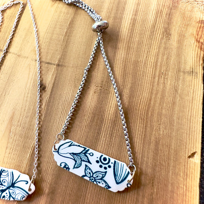 White and Teal Butterfly Screen Print Bar Bracelet or Necklace| Silver Hardware