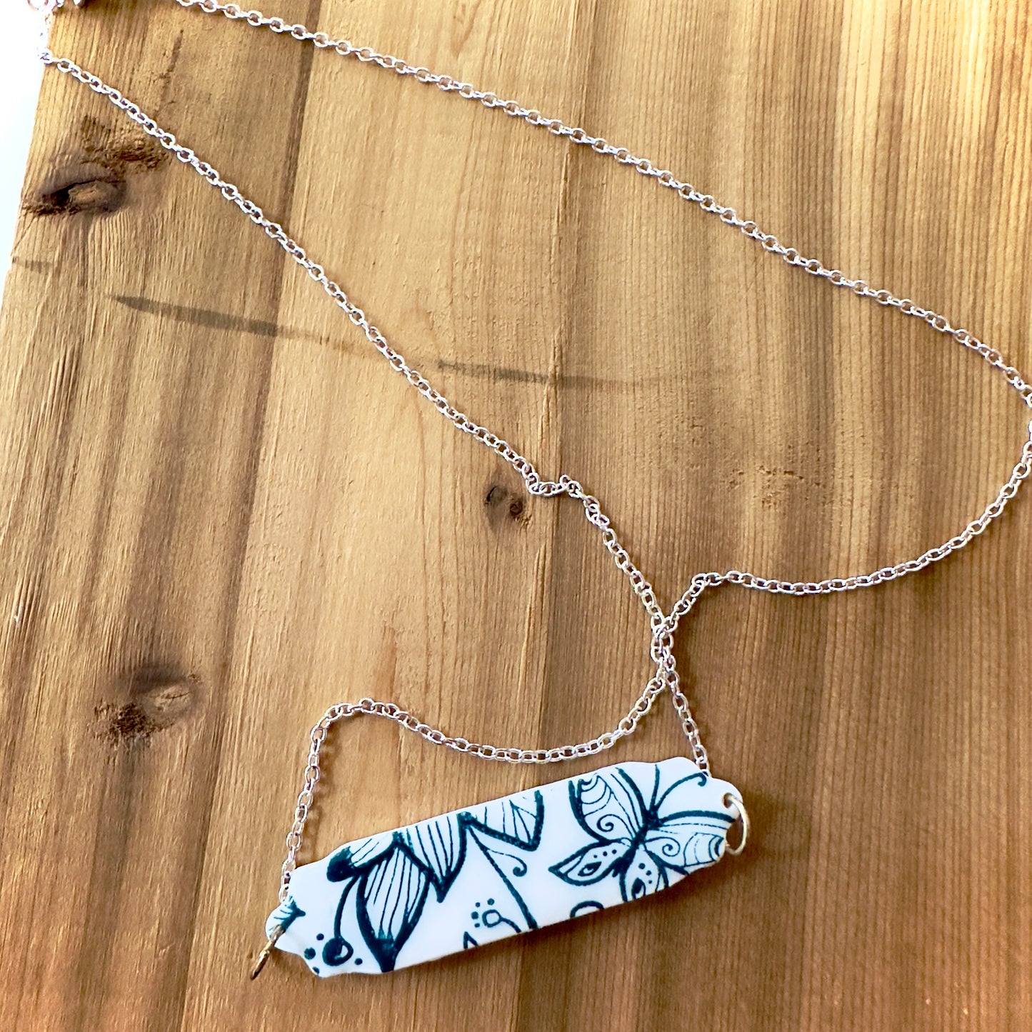 White and Teal Butterfly Screen Print Bar Bracelet or Necklace| Silver Hardware
