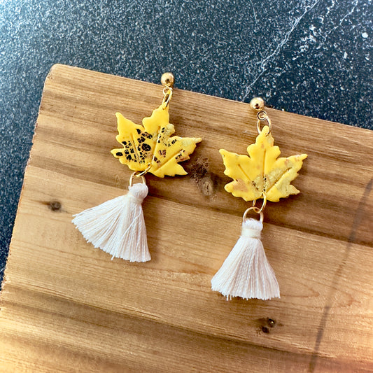 Yellow Leaf with Tassels | Earrings | Gold Hardware