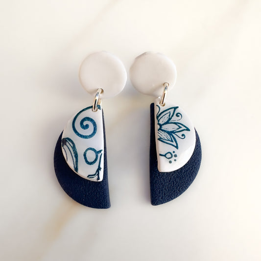 White and Navy Screen Printed Half Circles | Silver Hardware| Drop Earrings