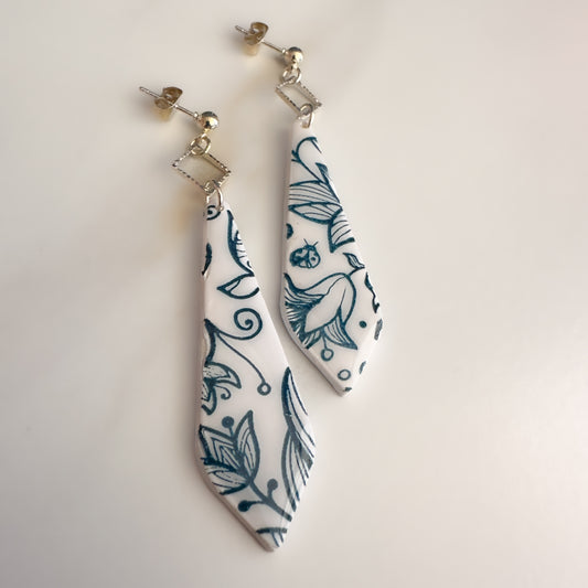 White with Teal Screen Print and Resin | Silver Hardware| Drop Earrings